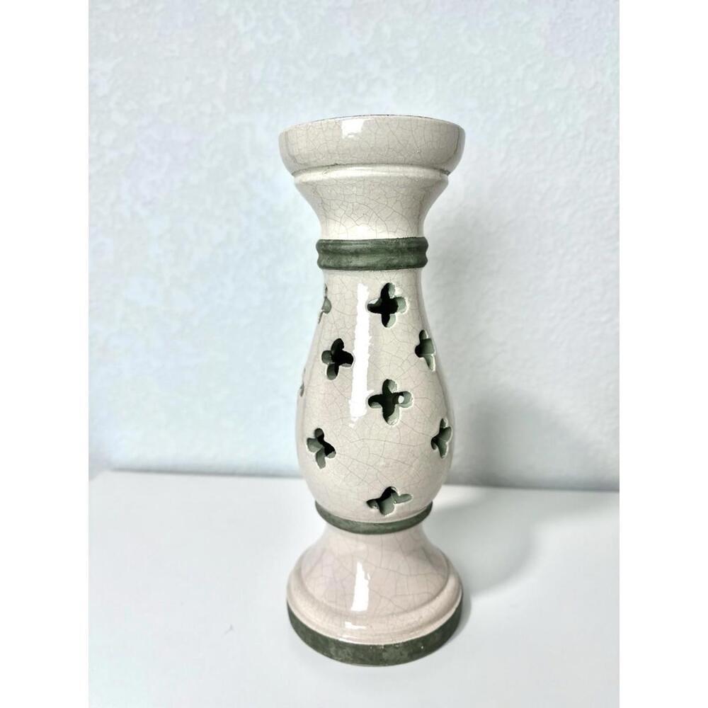 Home Goods Tall Tan And Green Ceramic Candle Holder 12”